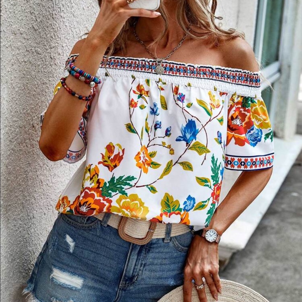 Boho Floral Print Off Shoulder Cottagecore Top Blouse Black - Picture 7 of 9